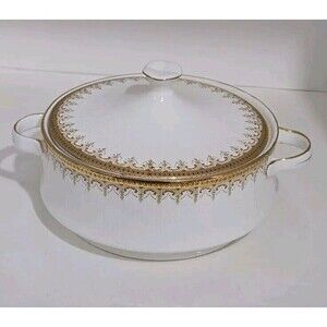 Hitkari Bone China Gold Border Black dot Gold Scrolls Covered Servung Bowl VTG